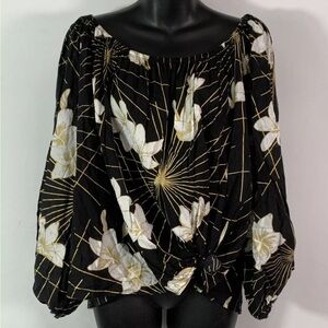 KAHULALE'A Black/Floral Rayon Hawaiian Blouse Women - Size M